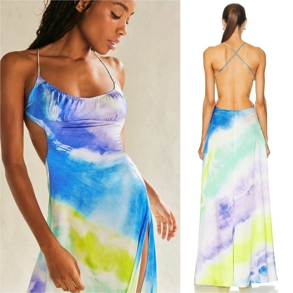 NWT RETROFETE Silk Watercolor Sleeveless Open Back Side Cutout Maxi Slip Gown XS - Picture 9 of 16